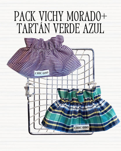 Pack vichy morado + tartán verde y azul